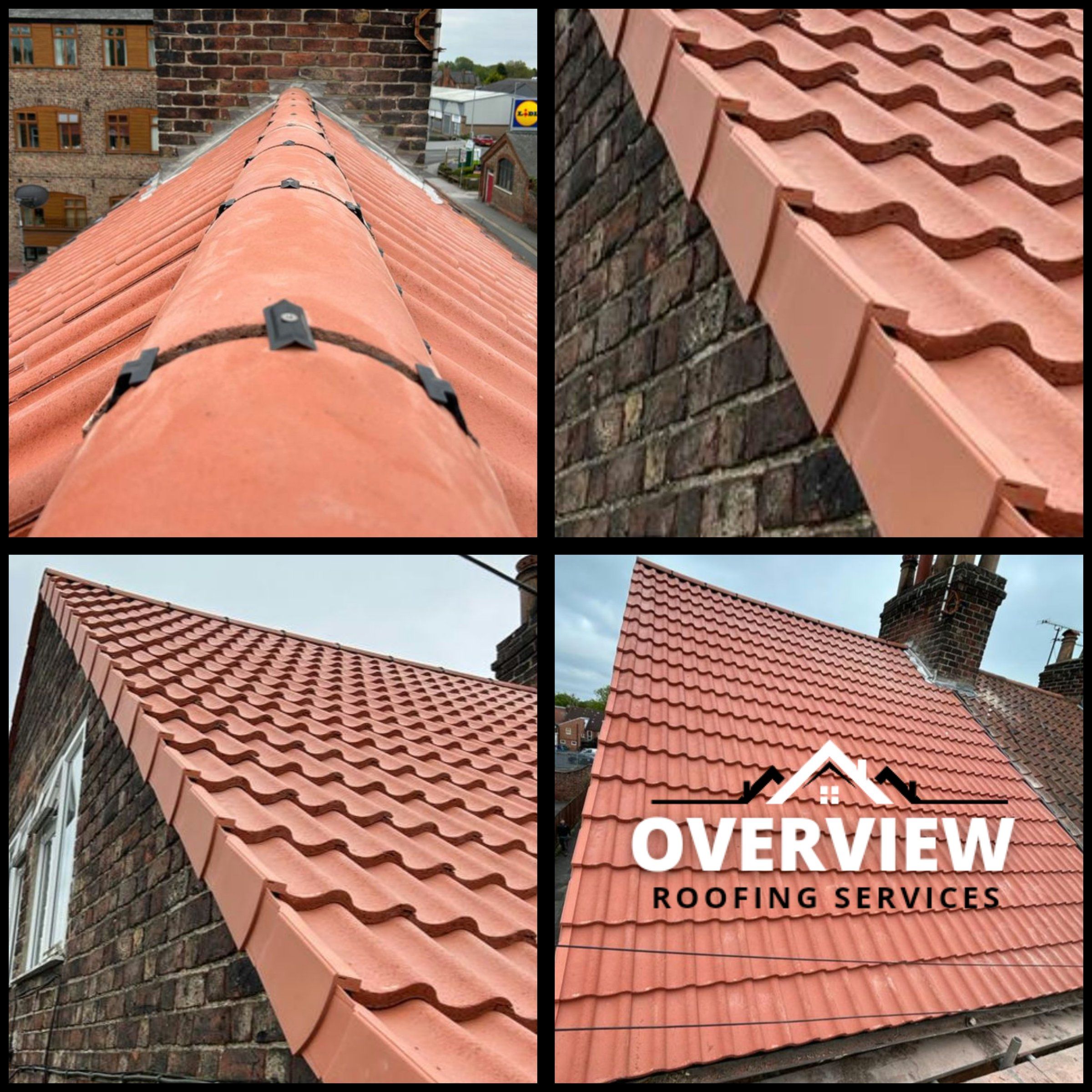 Collage of red tiled roofs with new dry ridge and verge